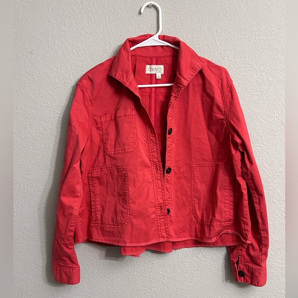 By Anthropologie Chino Coral Swing Button Up Boxy Crop Long Sleeve Jacket Sz S